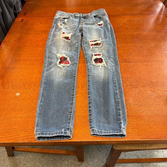 Judy Blue 9/29 Skinny Jeans Blue Distressed red plaid under holes - Picture 7 of 9